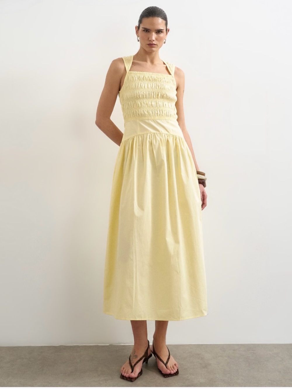 TOPSHOP SHIRRED BUST DROPPED WAIST MIDI POPLIN
DRESS IN BUTTERMILK US Sz 2 - Picture 2 of 12
